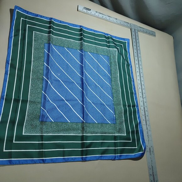 Silk Scarf Handkerchief Vintage Green Blue Striped Polka Dot - Picture 4 of 12